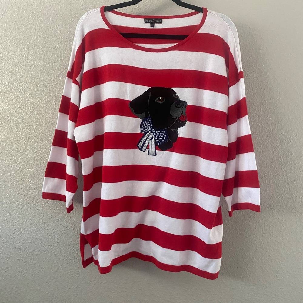 Bua Bua Dog Sweater XXL Novelty Wearable Art to Wear Black Labrador Striped Prep